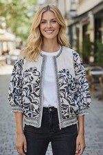 Chico's Women's L P 2P Jacket Floral Embroidered Smocked Linen Full Zip