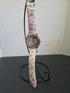 Women's BETTY BOOP Classic Silver Tone, Pink Crystals, Kiss Lips Band Watch 43mm