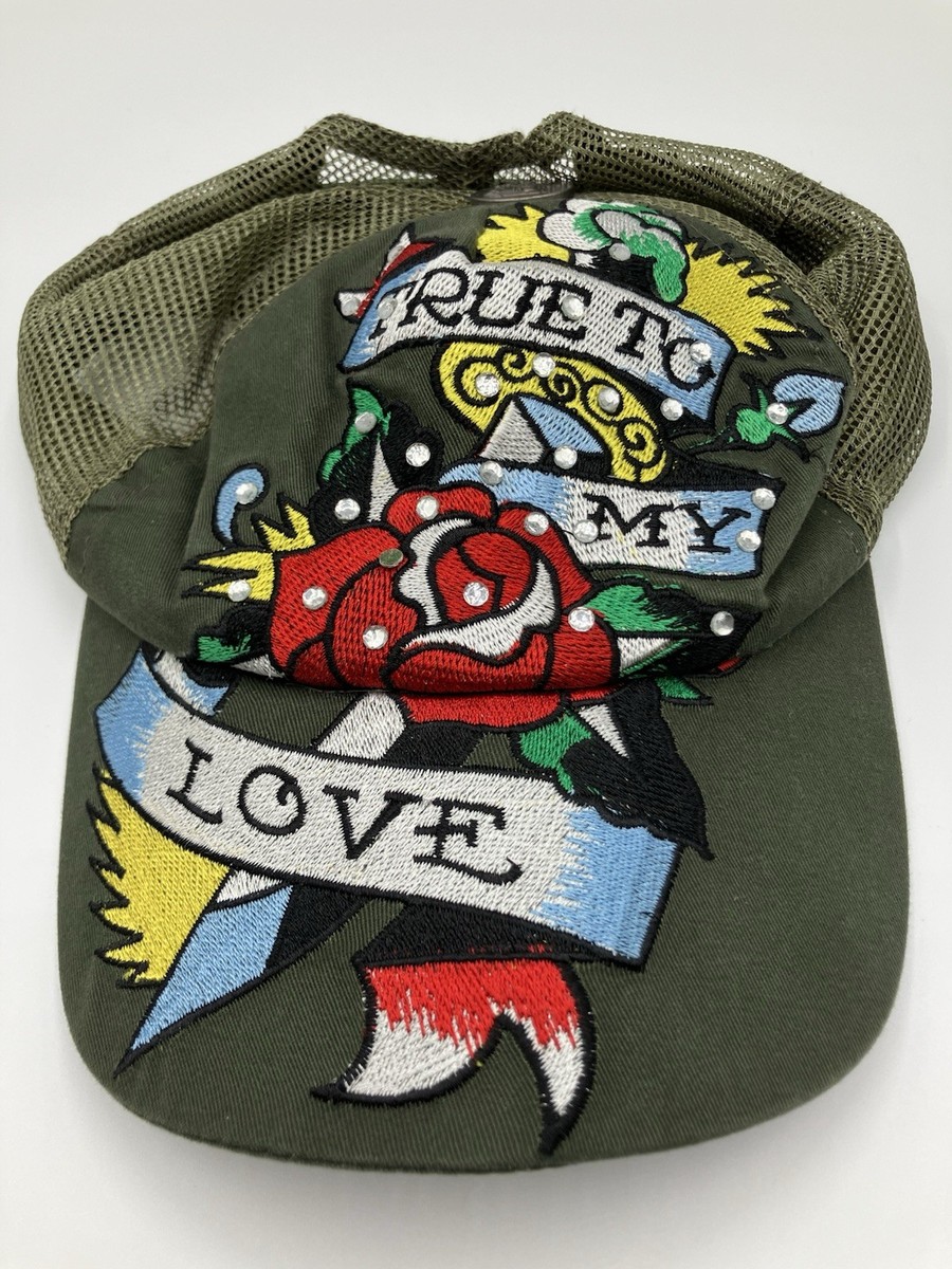 Ed Hardy True To My Love Rose Rhinestone Trucker Hat Tattoo 