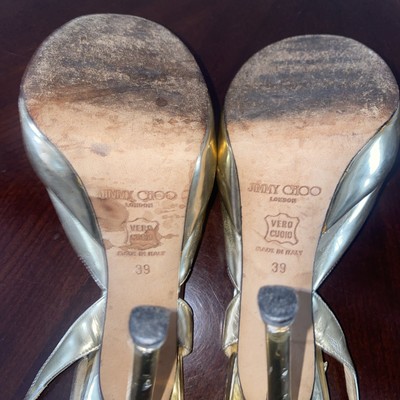 Jimmy Choo Shoes Vintage Gold Leather Peep Toe Slingback High