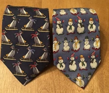 Lot 2 Talbots Kids Silk Ties Snowman Skiing Penguin Sledding Christmas EUC