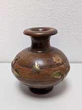 Hand Turned Wooden Vase Urn With Brass Flowers 7"- CG S65