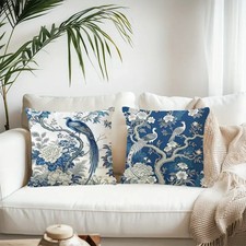 Beautiful 2 PC SET Blue  White Floral Birds Pillow Covers 18"x18" Chinoiserie