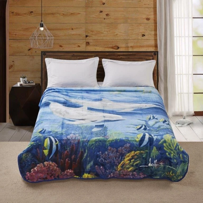 Manta súper suave de piel sintética de visón coral marino coral océano azul delfines talla Queen Foto 2 de 3