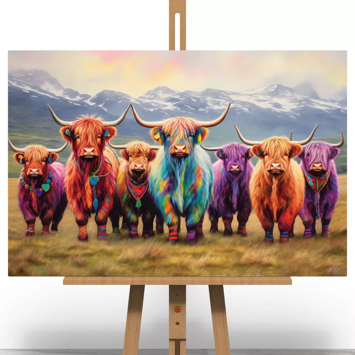 Colourful Highland Cow Canvas Print Picture Gift Scottish Wall Art Bright LGBTQ