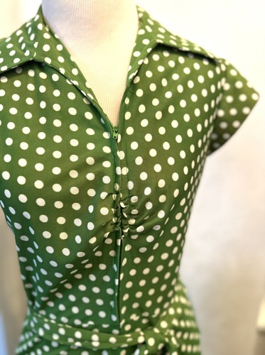 VTG 70s Palazzo Wide Leg Jumpsuit Cruise Green & White Polka Dots Acetate S - Picture 2 of 4