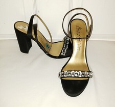 Badgley Mischka Black Satin Ankle Strap Jeweled Bridal Block Heel Sandals 7