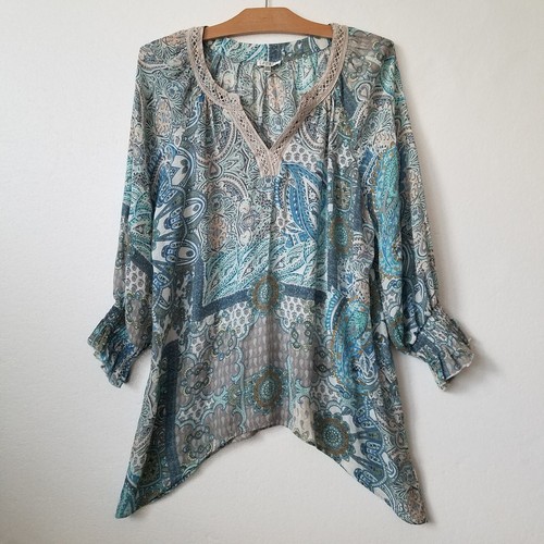 Spence Womens L Tunic Top Pop Over Crochet Lace Boho Fairy Mixed Print Paisley
