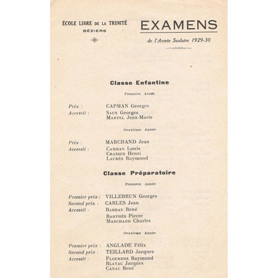 Béziers Hérault École Libre de la Trinité PREIS PRÜFUNG 1929-1930 bis zur Zweiten