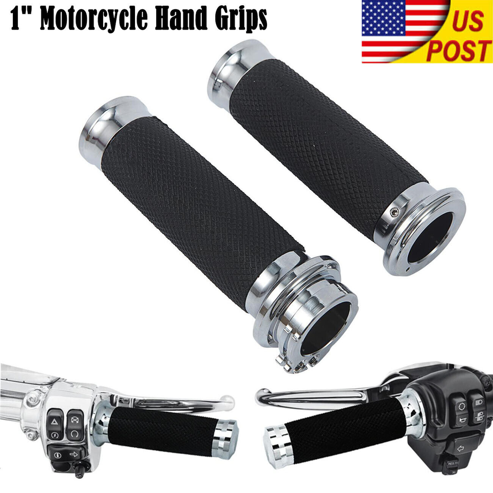 1 Pair Universal Motorcycle Hand Grips - Black CNC Aluminum & Non-Slip Gel Rubber For 1" Handlebar