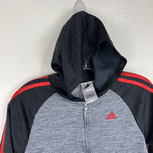 Adidas Sweater Youth 7 Grey Red Stripe Zip Up Hoodie Activewear Athletic Kids - Picture 5 of 11