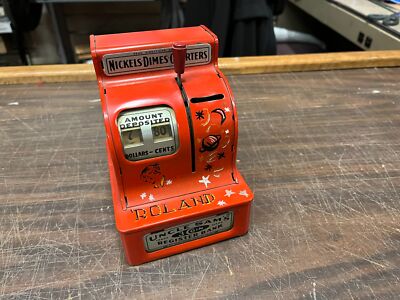 1950s Vtg UNCLE SAM'S 3-COIN ORANGE METAL CASH REGISTER TIN TOY BANK