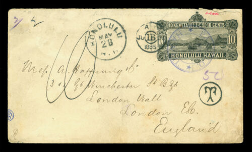 HAWAII 1885 Honoluluo Harbor 10c blk POSTAGE DUE Stat. Env "PAAUILO" to England - Picture 1 of 2