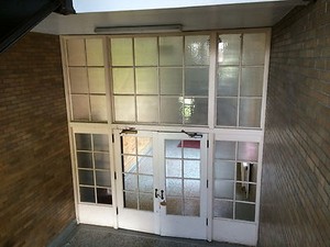 Monumental School Entryway Double Doors Vestibule Chicken Wire glass antique