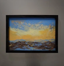 Original Small Sunset Clouds Mountain Landscape Painting Signed Framed Art Kravt