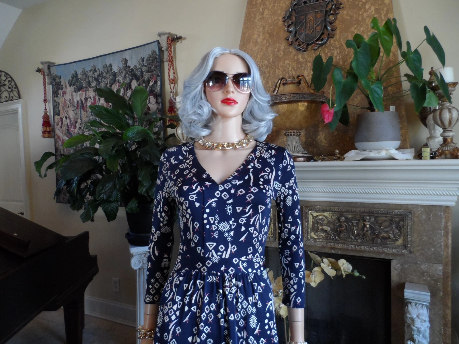 Abito in guaina multistampa Tory Burch 100% seta blu navy taglia PXS