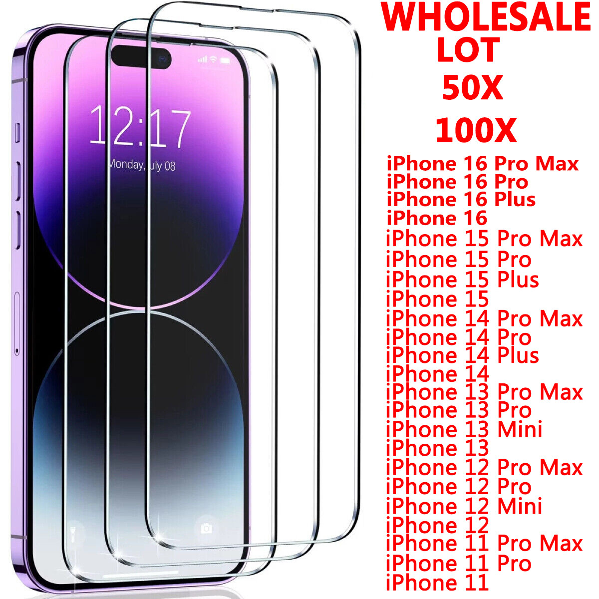 Wholesale 100X Tempered Glass Screen Protector For iPhone 17 16 15 14 13  Pro Max