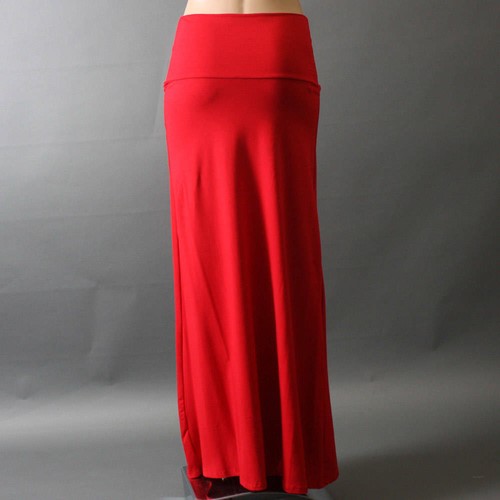 Solid Red Knit Rayon Stretch Fold Over Full Length Womens Long Maxi Skirt S - Picture 3 of 3