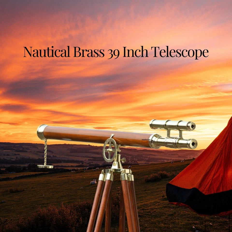 Nuevo telescopio náutico de pie de latón de 39 pulgadas con trípode de madera regalo Foto 4 de 4