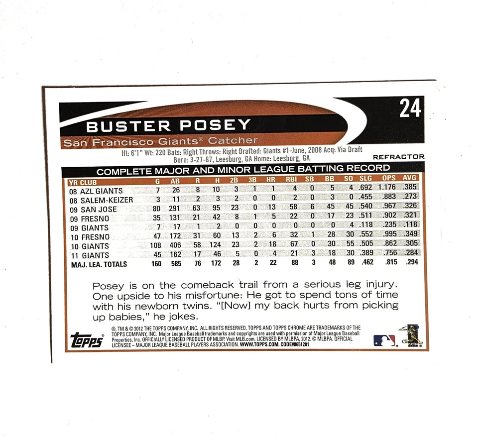 Topps Chrome 2012 - Buster Posey #24 refractor naranja Foto 2 de 2