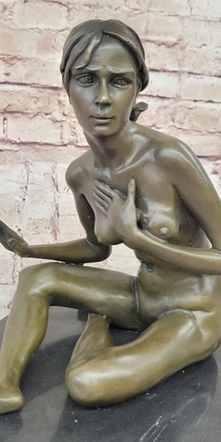 BRONZE STATUE OF YOUNG NUDE GIRL IN THOUGHT SCULPTURE FIGURINE - Picture 7 of 10