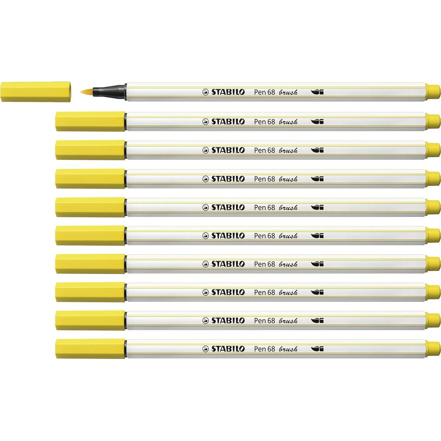 Pointe brush flexible STABILO Pen 68 feutre aquarellable jaune pack de 10