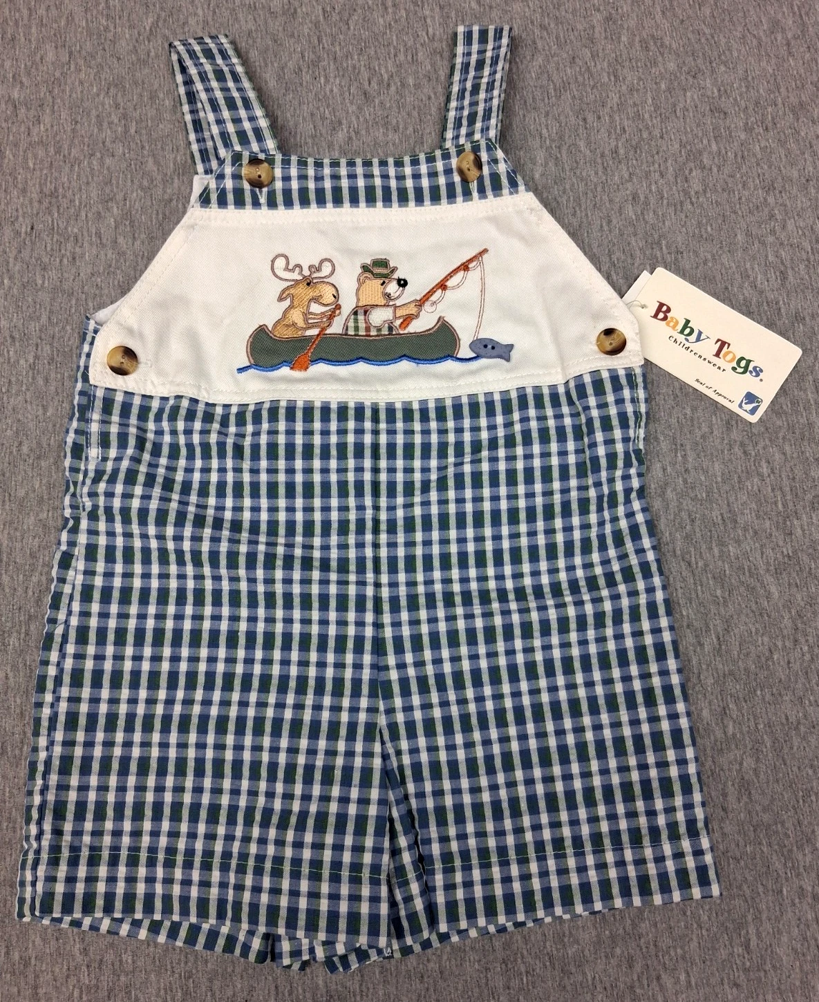 NWT Vtg Baby Togs Blue Green Plaid Bibs w/Moose & Bear Fishing in Canoe~24 mos.