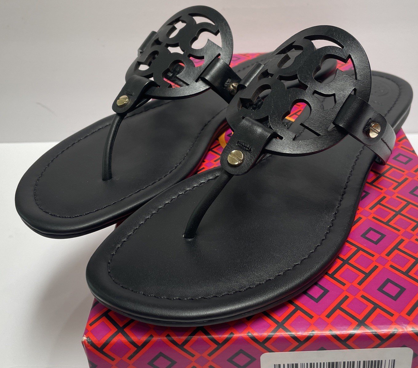 New Tory Burch Miller Black Smooth Leather Sandals Sz 10 M With