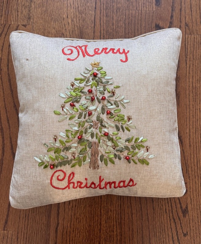 NWOT Merry Christmas Embroidered Pillow Down Insert Bell Detail 16” X 17” Square