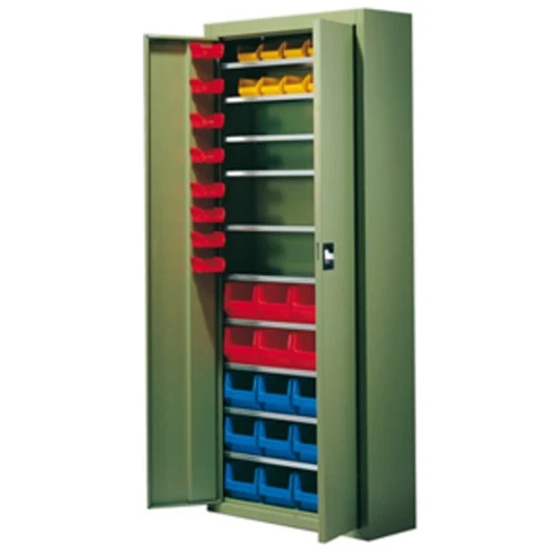 Magazinschrank, Materialschrank / Flügeltüren, 11 Fachböden, 60 Sichtlagerkästen - Bild 2 von 3