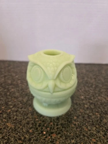 Fenton Green Satin Glass Owl Fairy Lamp Vintage Candle Holder Art Glass 4”