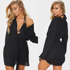 PrettyLittleThing Women's Size 10 Black Crinkle Textured Short Beach Kimono