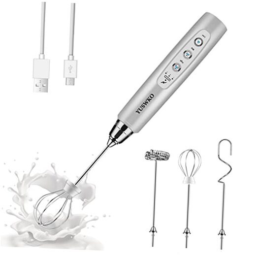 Rechargeable Milk Frother Handheld with 3 Heads Coffee Silver Without Stand