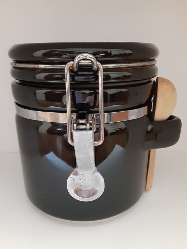Black Ceramic Canister w/ Bail Lid & Wooden Scoop / Spoon
