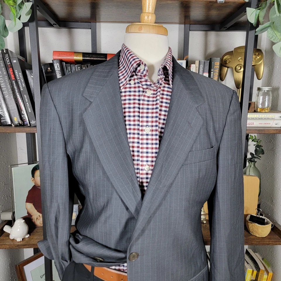 Antigo Casaco Esportivo Masculino Mani by Gorgio Armani Dois Botões Listrado Cinza 41R Saks F - Imagem 2 de 4