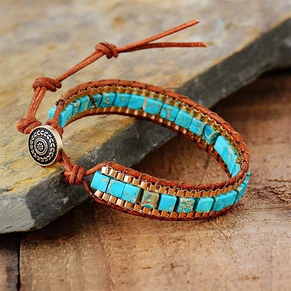 Pulsera envolvente trenzada de cuero jaspe turquesa natural para protección curación Foto 3 de 3