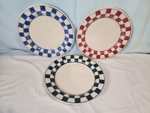 Hartstone, Vintage Checkered Dinner Plates Red/Blue/Green, Set Of 3 NICE!