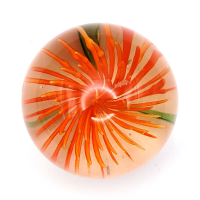 Dahlia or Zinnia Flower Orange Pointed Petal Small Clear Art Glass Paperweight