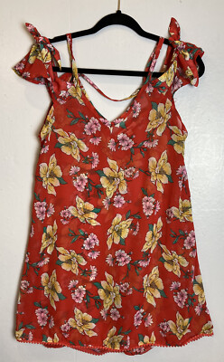 Miken Beach Mini Dress Size M Floral Chiffon Swim Cover Up Coconut Girl Hawaiian