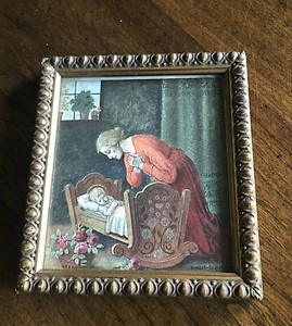 Hans Huber Sulzemoos framed miniature print Un Der Wiege “And The Cradle” 4x4.5