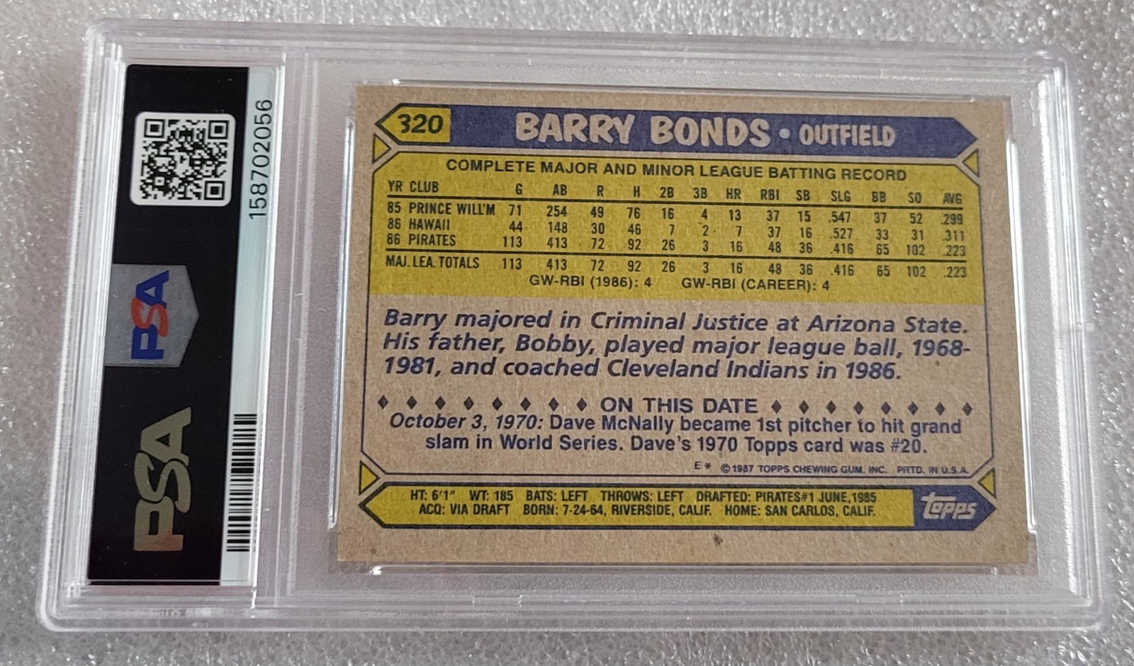 1987 TOPPS #320 BARRY BONDS PITTSBURGH PIRATES ROOKIE PSA 8 NM-MINT - NEW SLAB view 3