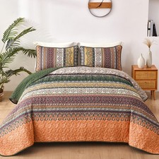 WONGS BEDDING Boho Quilt Set Full Size Green Orange 78x90 3 Piece Reversible