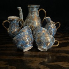Folk Art 7 Piece Tea Set Hand Painted White and Blue with Gild Trim