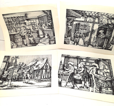 RARE! Wolfgang Candy Co. York, PA Set of 4 Black Pen & Ink Prints 10'' x 8''