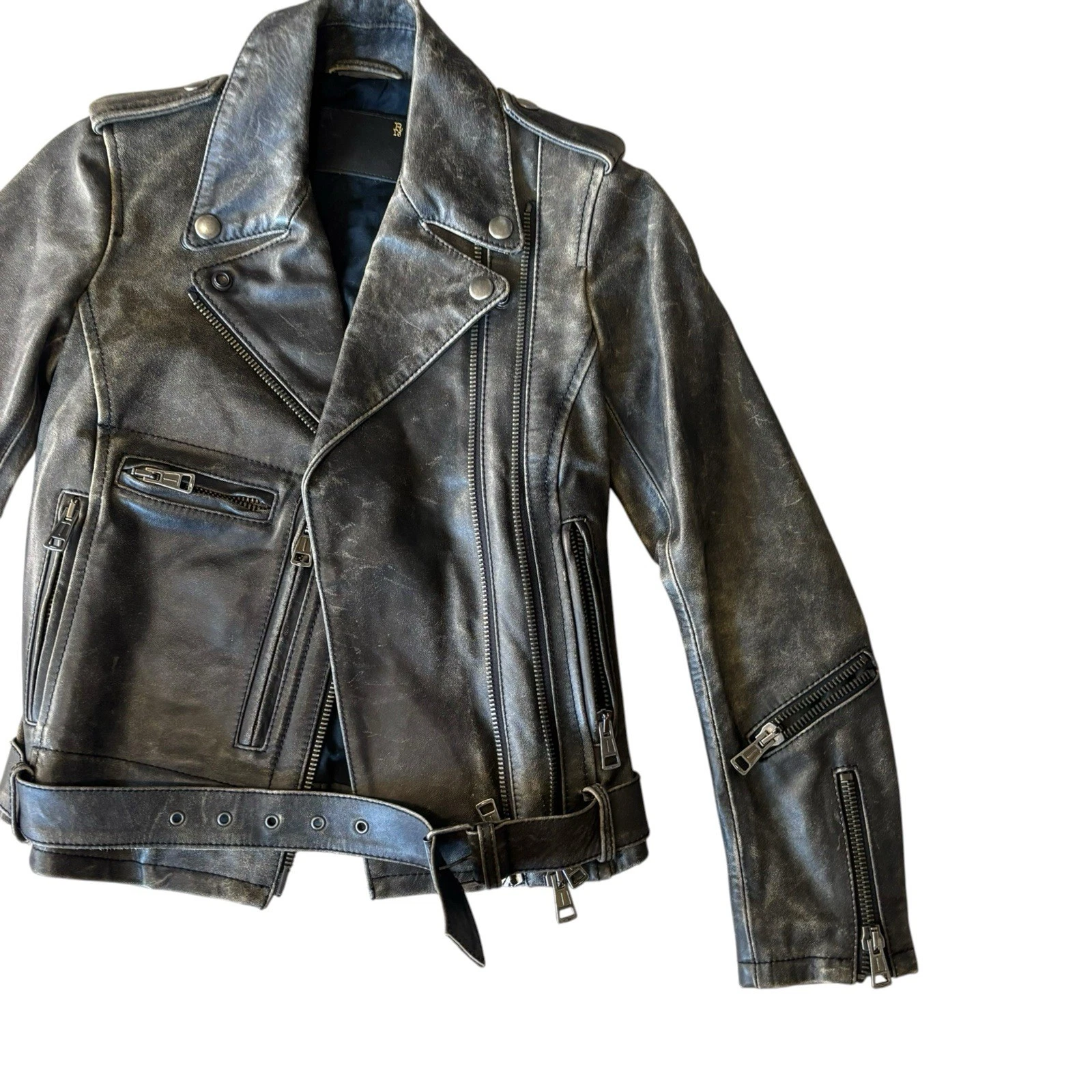 R13 Distressed Leather Moto Biker Jacket Women’s In Faded Black image 5