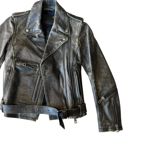 R13 Distressed Leather Moto Biker Jacket Women’s In Faded Black image 5