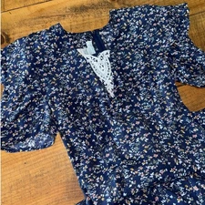 GUNNE SAX Womens Navy Blue Floral Long Prairie Cottage Short Sleeve Vtg Dress