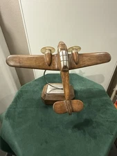 MILITARY AIRCRAFT ON BASE ART DECO ERA WOODEN AND CHROME MODEL AIRPLANE 1930