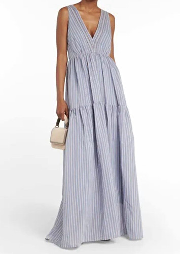 $3895 Brunello Cucinelli striped cotton/silk maxi dress with monili detailing S