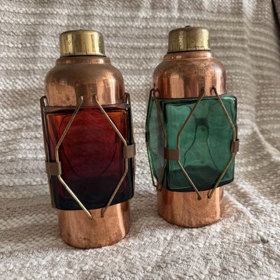 Vintage Mid Century Laterne Stil Rot & Grün Glas Messing Kupfer Karaffe SCHWEDEN
